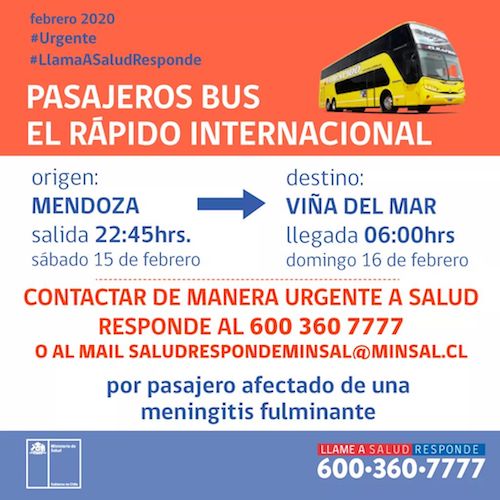 LLAMADO A UBICAR A PASAJEROS DE BUS PROVENIENTE DE ARGENTINA POR CASO DE MENINGITIS FULMINANTE