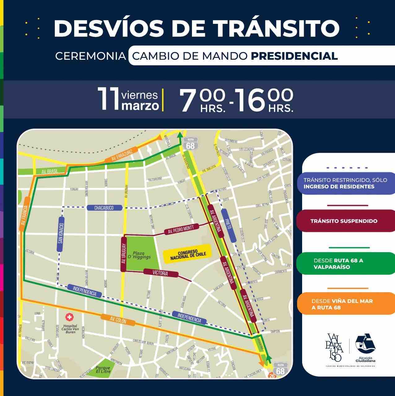 CORTES Y DESVÍOS DE TRÁNSITO EN VALPARAÍSO POR CAMBIO DE MANDO PRESIDENCIAL